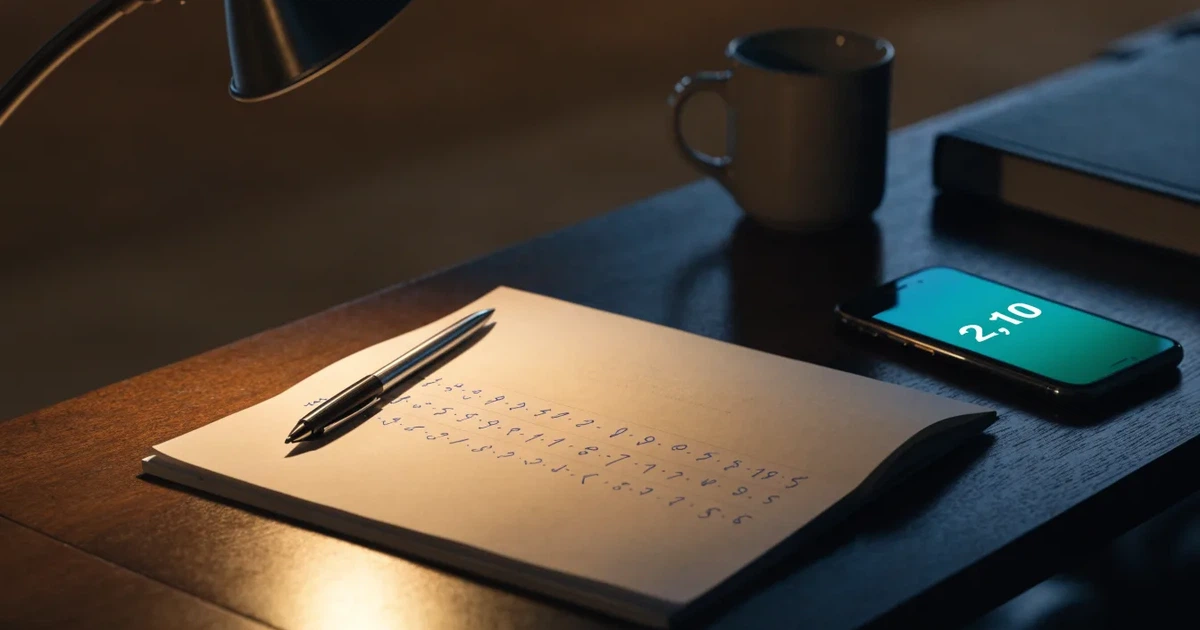 Eine Schreibtischlampe beleuchtet am späten Abend einen Block mit handschriftlichen Notizen und einen Stift.