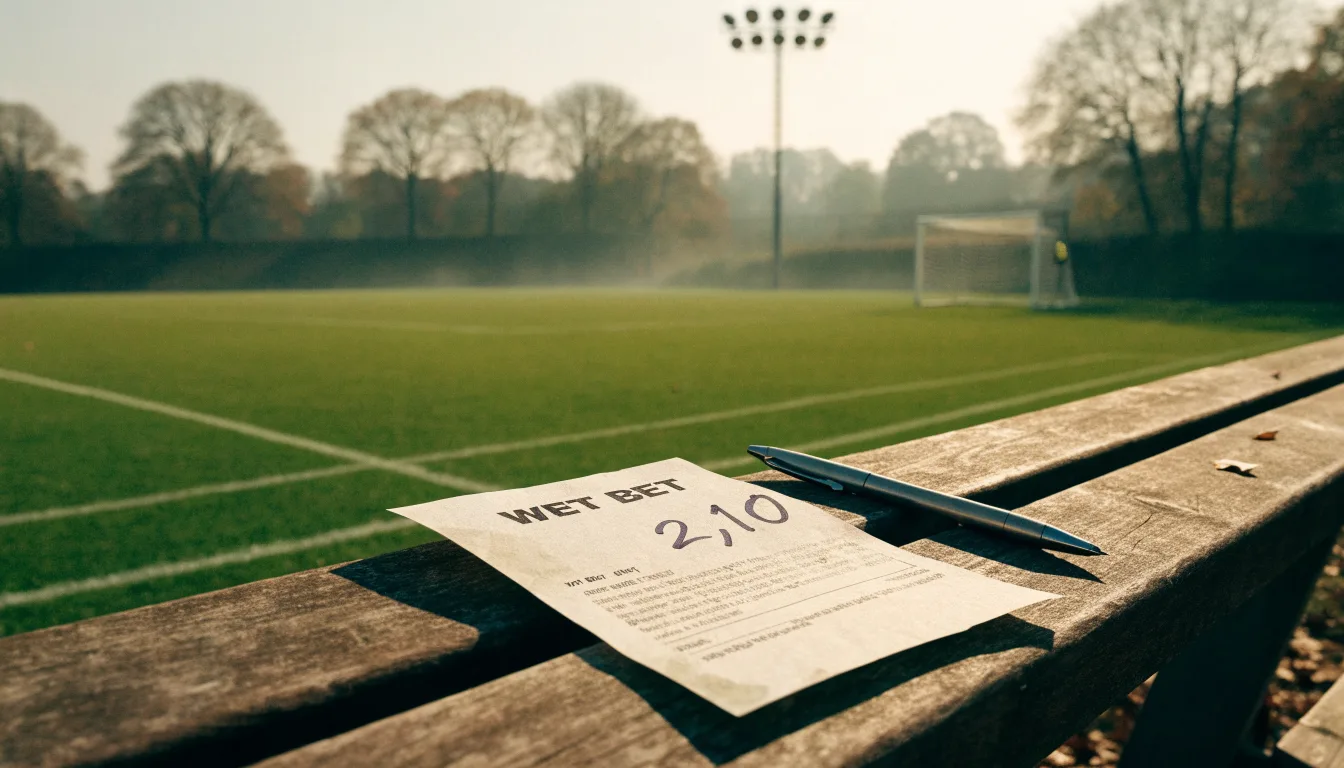 Leere Zuschauerränge eines kleinen Stadions im Herbstlicht, davor ein Rasenplatz mit frisch gezogenen Linien.
