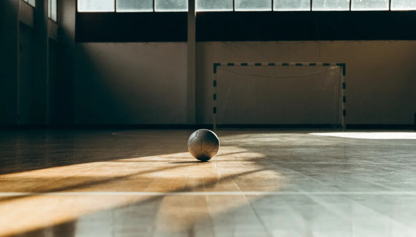 Ein Handball liegt am Rand des Torraums in einer leeren Sporthalle, Licht fällt durch Oberlichter auf den Hallenboden.