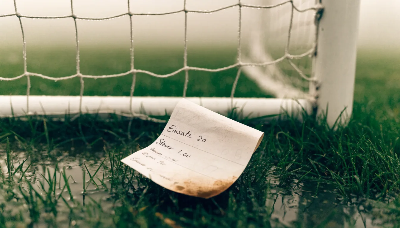 Ein Torpfosten mit Netz in Nahaufnahme, Regentropfen perlen am Gewebe, dahinter liegt Rasen im Dunst.
