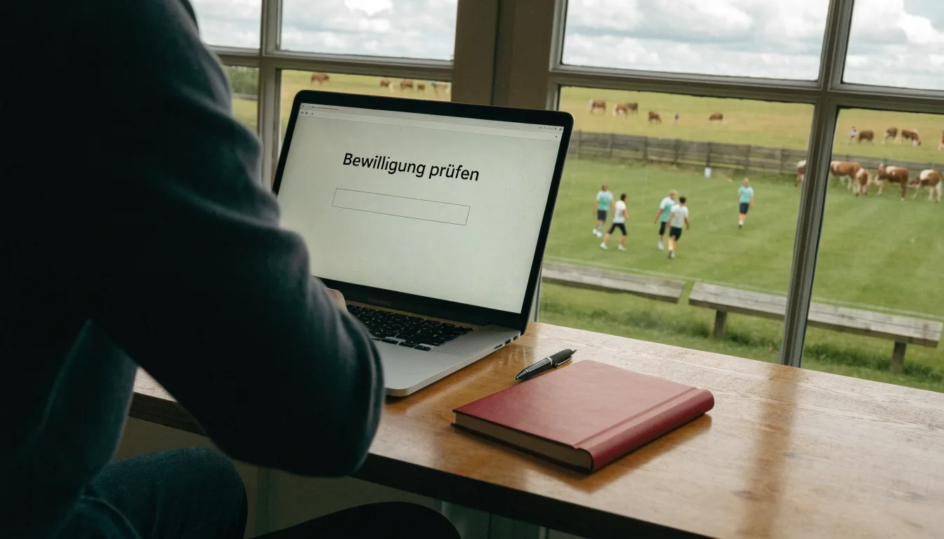 Ein Dorffussballplatz mit Holzzaun am Hang, dahinter grasen Kühe auf einer Weide unter hohen Wolken.
