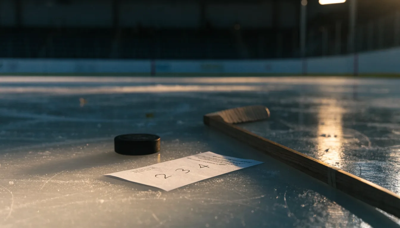 Ein Eishockeypuck und ein Schläger liegen auf einer glänzenden Eisfläche, im Hintergrund verschwimmen leere Banden.