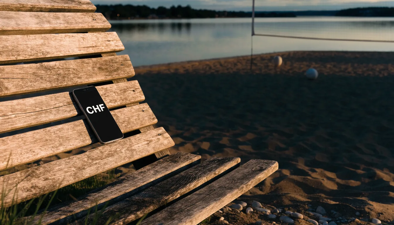 Ein Volleyballnetz steht an einem Seeufer in der Abenddämmerung, der Sand ist leer und das Wasser glatt.