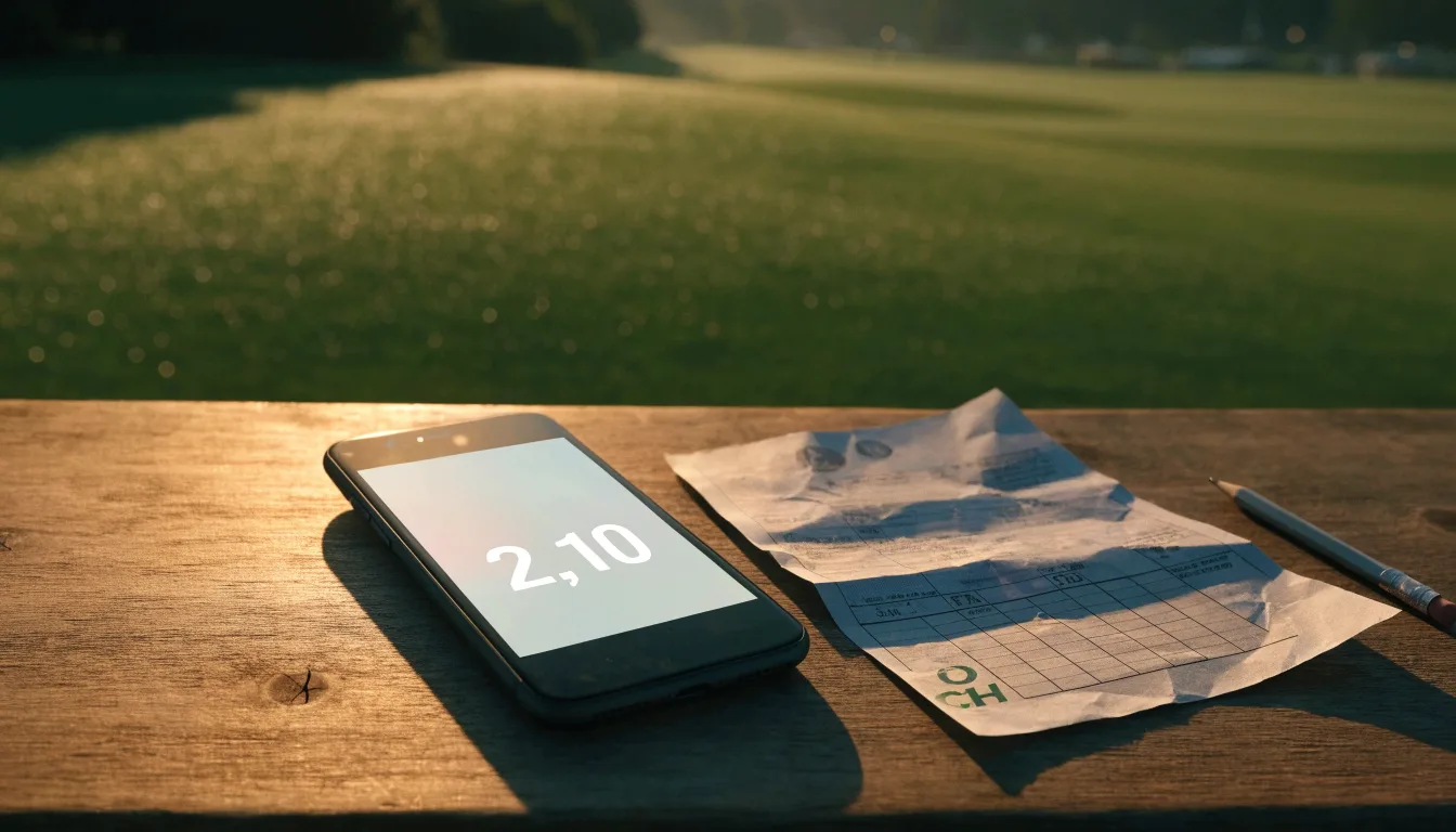 Ein Golfgrün bei Sonnenaufgang mit Tau auf dem Rasen, die Fahnenstange fehlt und im Hintergrund ziehen Nebelschwaden.