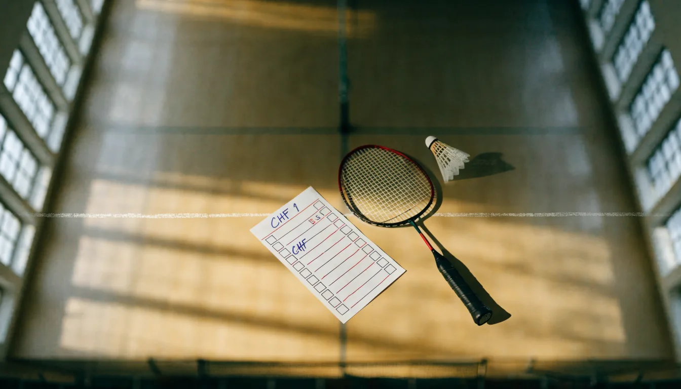 Ein Badmintonschläger liegt neben einem Federball auf dem hellen Hallenboden eines leeren Spielfelds.