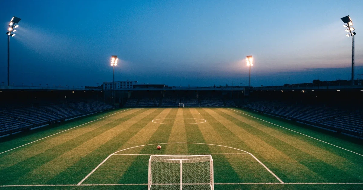 Ein menschenleerer Fussballplatz mit frisch gemähtem Rasen unter Flutlichtmasten in der Abenddämmerung, aus erhöhter Perspektive fotografiert.