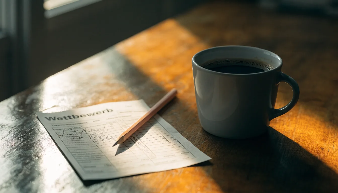 Eine Tasse Kaffee und ein Bleistift liegen auf einem sonnenbeschienenen Küchentisch neben einem leeren Notizblock.