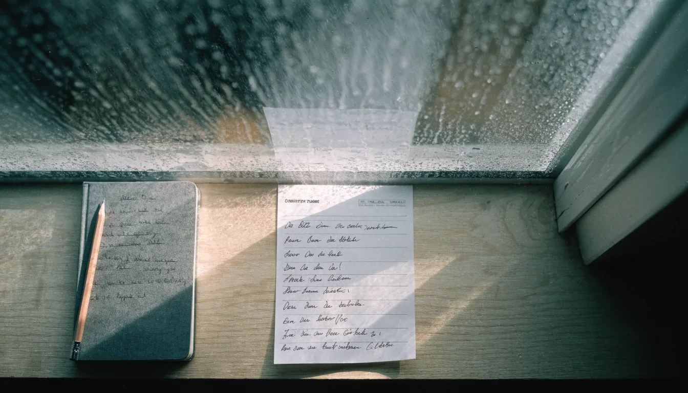 Ein Zeichenblock mit einem Bleistift und einem Radiergummi liegt auf einem Fensterbrett, draussen fällt Regen.