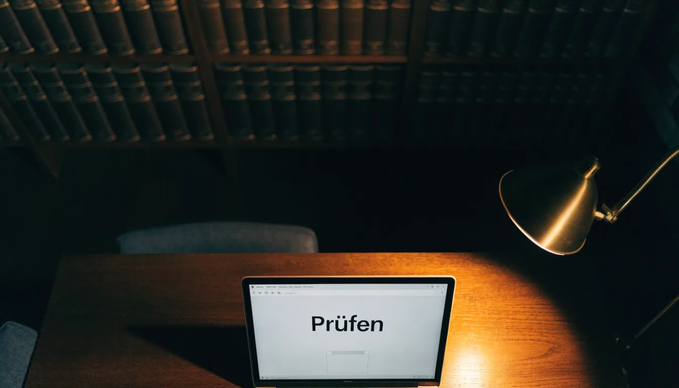 Ein Bücherregal mit ledergebundenen Bänden in dunklen Farben in einer stillen Bibliothek, davor ein Lesetisch.