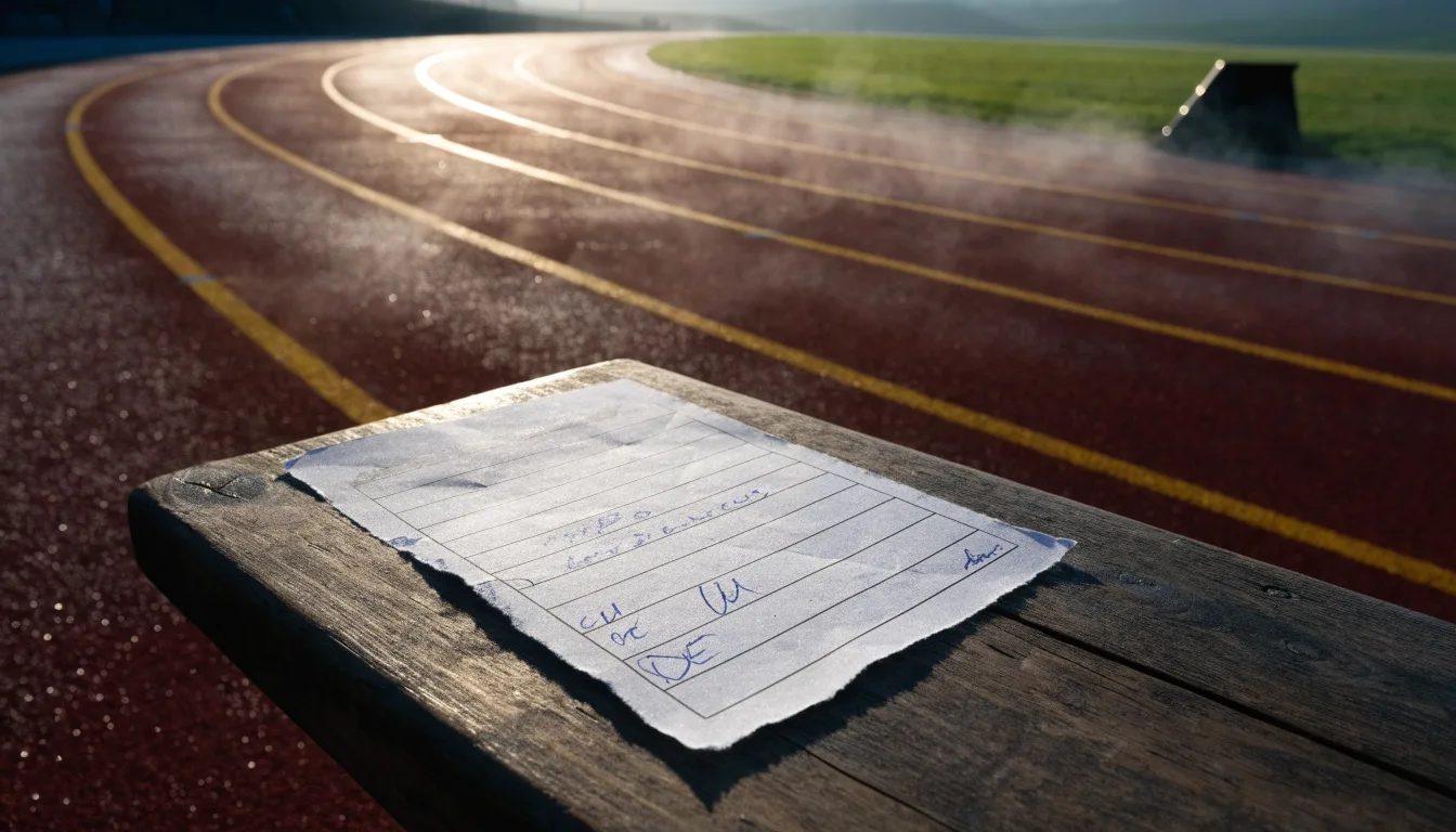 Eine leere Tartanbahn einer Leichtathletikanlage am frühen Morgen, Tau auf den Rasenflächen daneben und tiefstehende Sonne.