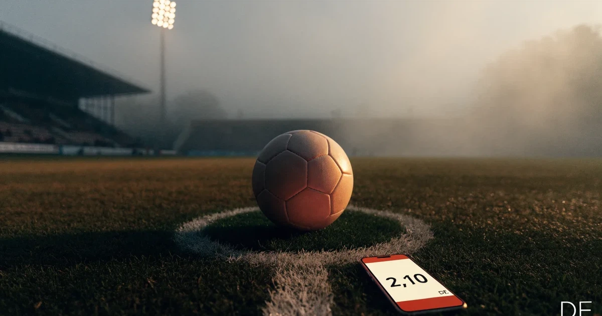 Ein Fussball liegt auf dem Anstosspunkt eines leeren Rasenplatzes im dichten Morgennebel.