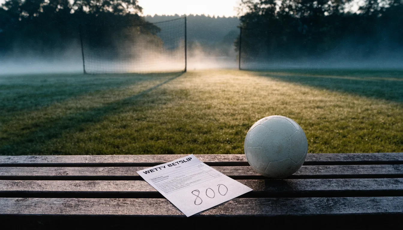 Ein Tennisplatz aus Sand liegt im Morgengrauen still da, Nebel hängt über der Grundlinie und dem aufgespannten Netz.