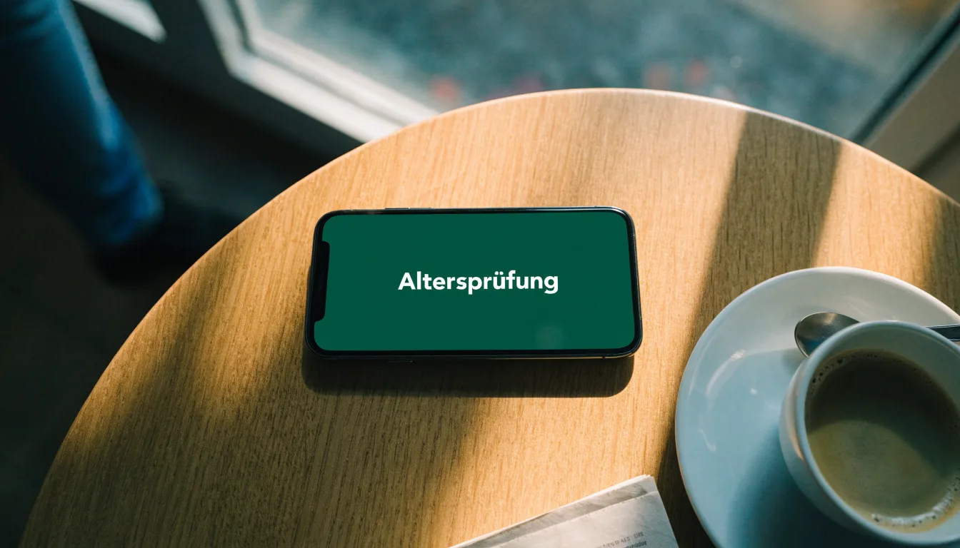 Ein Smartphone liegt mit der Rückseite nach oben auf einem Kaffeehaustisch neben einer Tasse und einem Löffel.