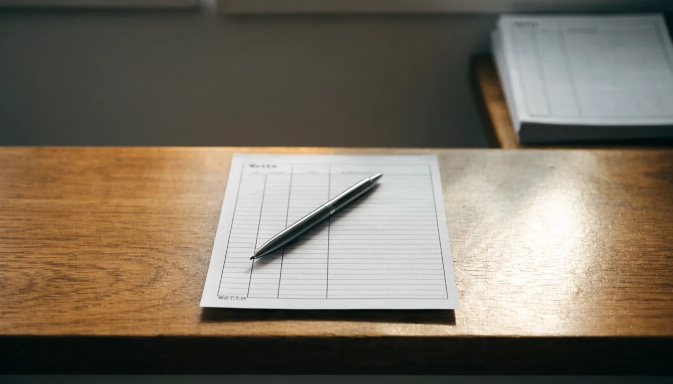 Ein unbeschriebener Papierwettschein und ein Kugelschreiber liegen auf einer hölzernen Ladentheke im Tageslicht.
