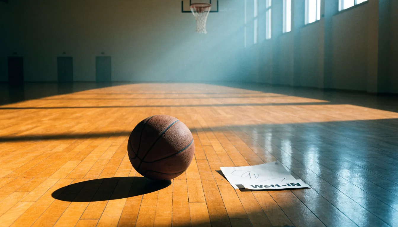 Ein Basketball ruht auf dem Parkett einer leeren Sporthalle, durch hohe Fenster fällt Tageslicht.