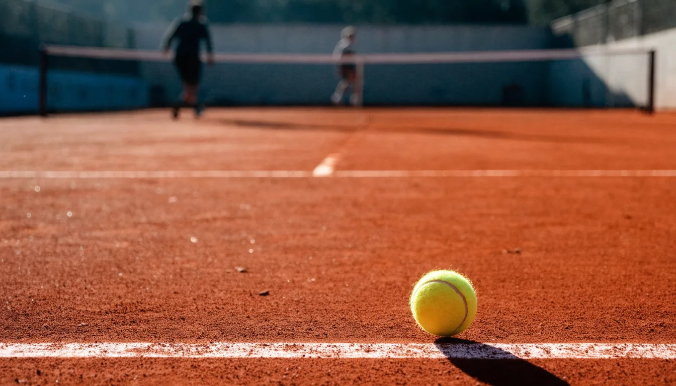 Ein Tennisball liegt auf rotem Sand neben einer verblassten Linie, das Licht ist weich.