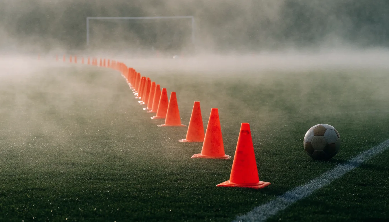 Orange Pylonen stehen auf einem Trainingsplatz im Nebel, die Ränder des Platzes verschwimmen im Dunst.