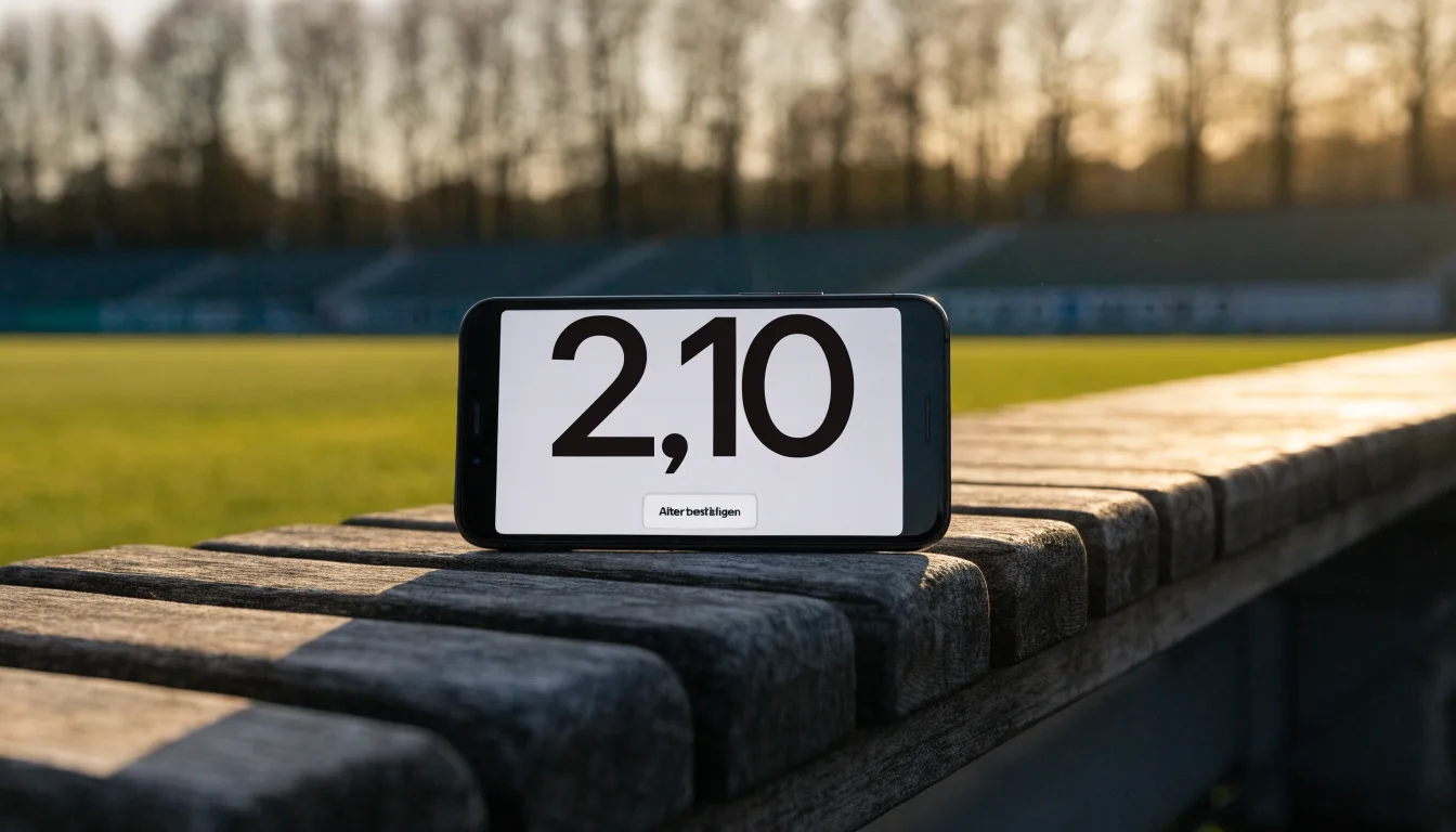 Eine hölzerne Bank steht an der Seitenlinie eines leeren Sportplatzes, dahinter Bäume im Herbstlicht.