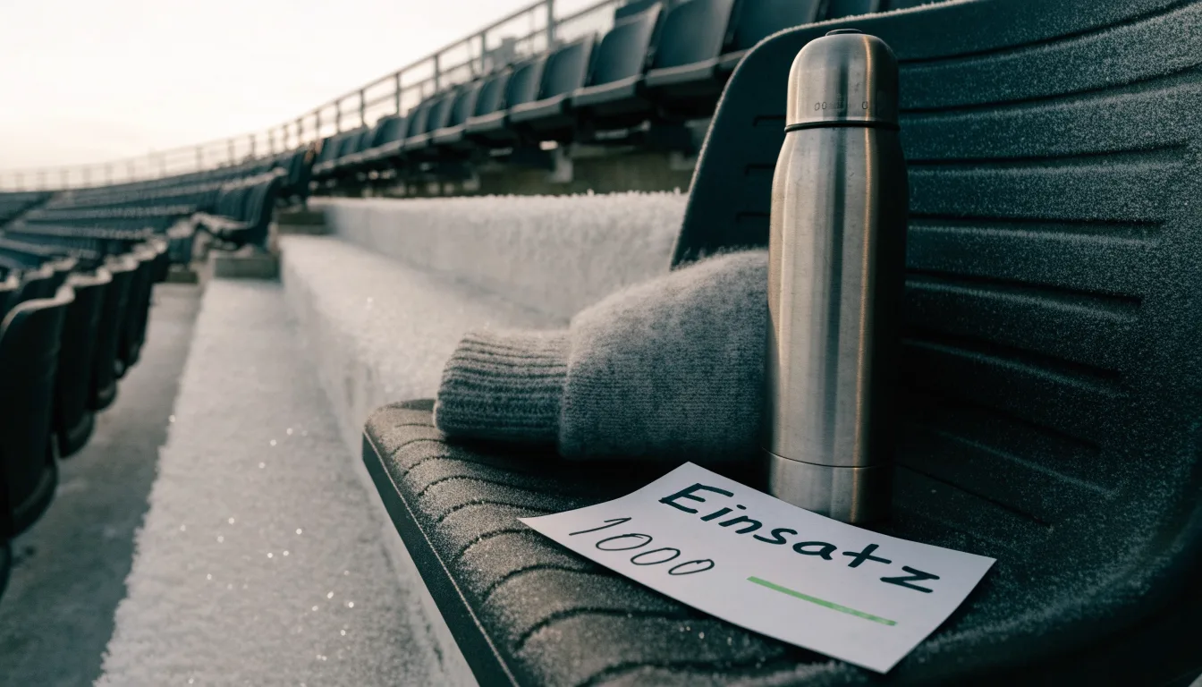 Ein grauer Wollschal und eine Thermoskanne liegen auf einem Sitz im winterlichen Stadion, Raureif liegt auf den Stufen.