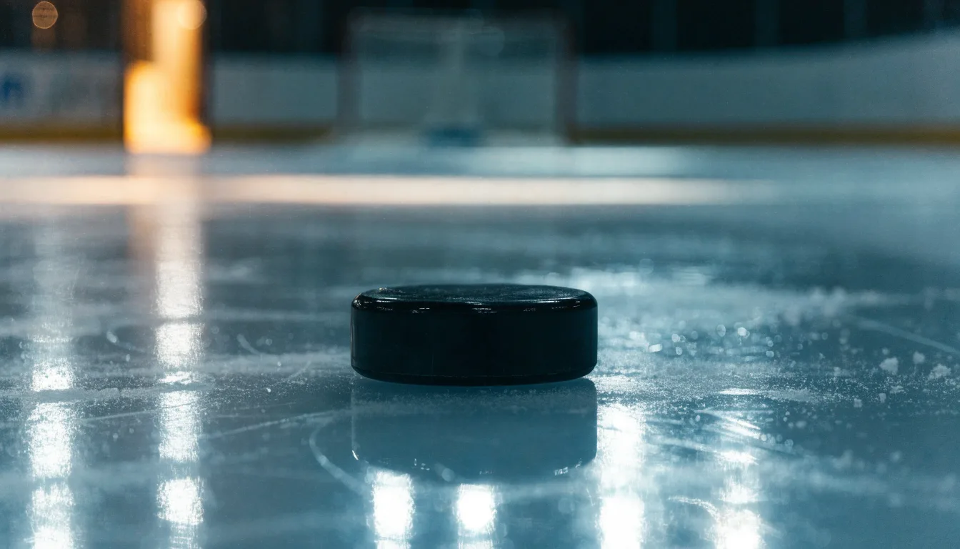 Ein Eishockeypuck liegt in Grossaufnahme auf glatter Eisfläche, im Eis spiegeln sich Hallenlichter.